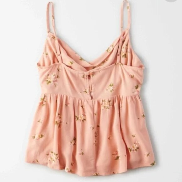 AMERICAN EAGLE Cowl Neck Babydoll Top Peach Pink / Orange Green Floral Boho Tank - Picture 5 of 16